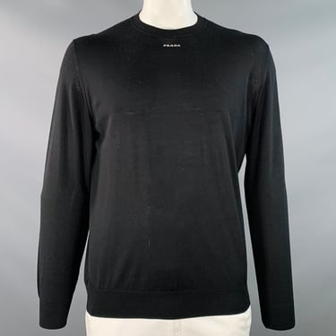 PRADA Size L Black White Jersey Logo Wool Long Sleeve Pullover