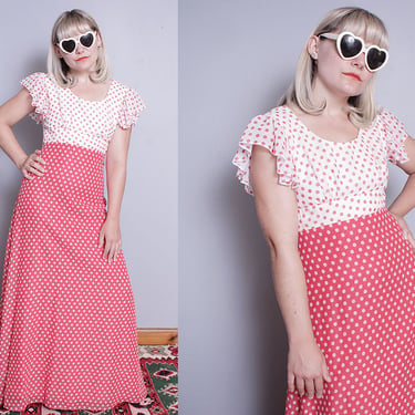 Vintage 1970's | Red and White | Polka Dot | Long | Maxi | Dress | S 