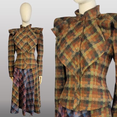 Plaid Suit / 1980s Plaid Suit by Carol Horn / Neiman Marcus / Cape Jacket / Size Small 