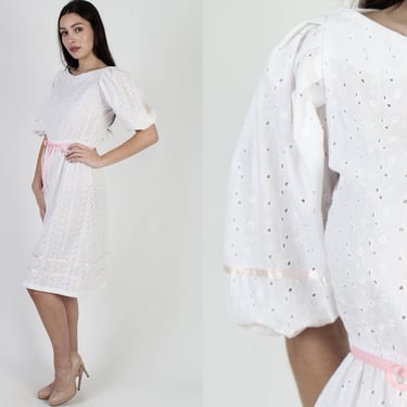 1980's Plain White Dress / Simple Puff Sleeve Eyelet Dress / Vintage 80s Floral Embroidered Country Style Mini Dress 