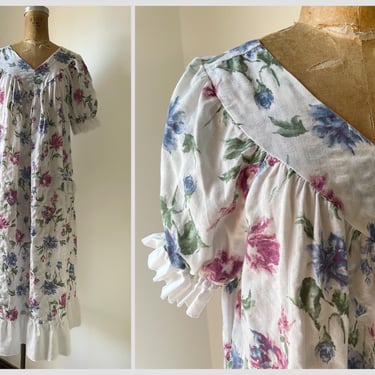 Vintage ‘80s Carole garden floral print house dress | softest cotton nightgown, M/L 