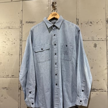 Vintage 90s Polo Ralph lauren Button Up Shirt US Navy Dungaree Work shirt Men’s L Navy Stencil logo 