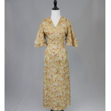70s Full Sleeve Maxi Dress - Brown Flower and Leaf Print - Vintage 1970s - L 