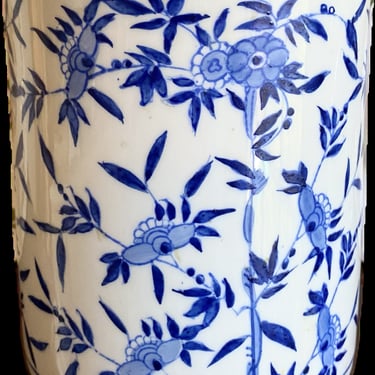 Vintage Canister Planter in Blue & White Floral Design ~Glazed Oriental Chinese Porcelain, Handpainted Decor~ Jar, Vase, Pot, Utensil Holder 