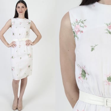 50s White Cotton Dress, Embroidered Floral Print, Vintage Skinny Wiggle Frock, Knee Length Skirt 