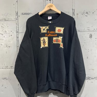 Vintage 90s Halloween crewneck Sweater embroidered Fall Outdoors Autumn Cute witch black cat ghosts Pumpkins applique size XXL 