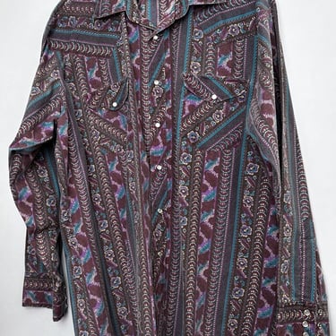 XL Vintage Sheplers MEN'S Western Shirt, Pearl Snaps, 1980s, Purple Floral Stripes, Long Sleeve, Oxford Button down Cowboy Rockabilly 