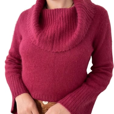 Vintage 1990s Womens Berry Red Angora Fluffy Sexy Soft Cowl Neck Sweater Sz M 