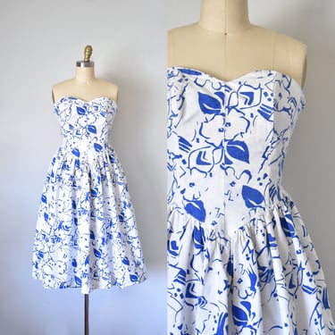 blue and white cotton sun dress, strapless floral dress, summer dress, blue and white, sustainable clothing 
