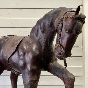 Large 30 inch height Leather Horse Statue with Glass Eyes | Wood and Leather Covered Statue | Antique Horse Sculpture | Equine Art 