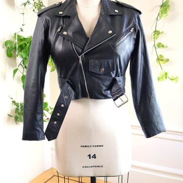 Vintage 1980s 1990s Jacket | 80s 90s WILSONS LEATHER Black Moto Genuine Leather Punk Cropped Coat | medium/large 