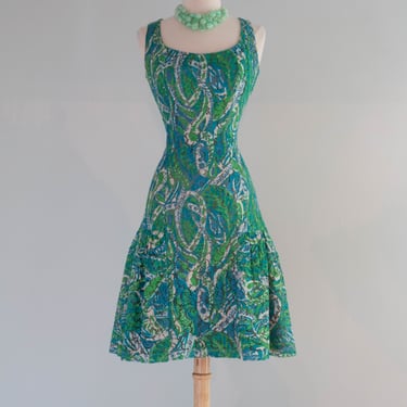 Flirty 1960's Swirling Green and Turquoise Lace Party Dress / SM