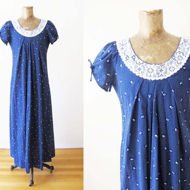 Vintage Liberty House Hawaii Mumu Maxi Dress XS S - Vintage 70s Blue White Long Bohemian Dress -  Prairie Lace Sundress 