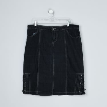 Vintage Y2k Black Denim Midi Skirt with Side Lacing & Contrast Stitching -- 2000s clothing - Women's Size 14 // 36" Waist 