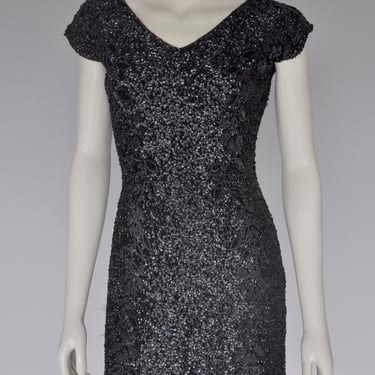 vintage 1960s black beaded & sequin party dress M 