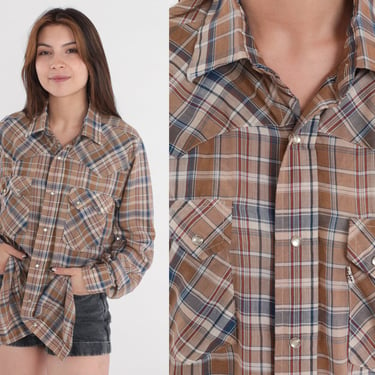 Levis Western Shirt 80s Plaid Pearl Snap Shirt Button Up Levi Strauss Long Sleeve Rodeo Cowboy Top Brown Checkered Vintage 1980s Medium M 