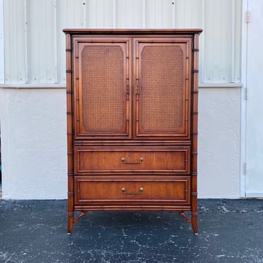Vintage Faux Bamboo Armoire Dresser by Dixie Tahiti Collection - Hollywood Regency Palm Beach Coastal Dark Wood Furniture 