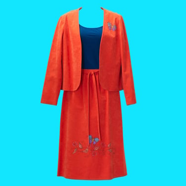 Vintage 1980s Orange Ultrasuede Skirt Suit | Hand-Painted Butterfly Wrap Skirt and Jacket | Small / Medium 