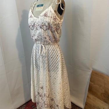 1970s Vintage Boho Fairy Summer Sun Dress Ivory Floral S 