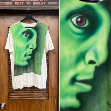 Vintage 1990’s Dated 1992 Neon Green Airbrush Artwork Cartoon Face T-Shirt, 90’s Tee Shirt, Vintage Clothing 