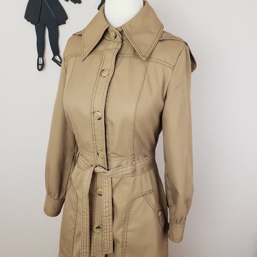 Vintage 1970's Trench Coat / 70s Long Caramel Jacket with Hood XS/S 