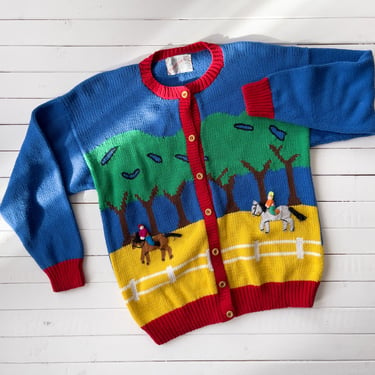 country scenic sweater | 80s 90s vintage Cotton Salsa blue red yellow horse farm equestrian hand knit cottagecore streetwear cardigan 