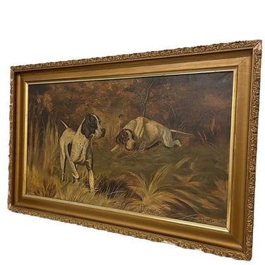 Free Shipping Within Continental US - Vintage Framed Signed Painting of Serene Scene with Bloodhounds on Canvas 
