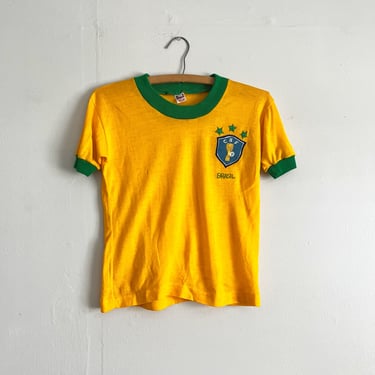 Vintage 80s Brazil Football Confederation Soccer Yellow Green Ringer T shirt Size XS/S 