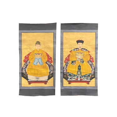 Pair Chinese Canvas Color Ink Royal Lady Gentleman Ancestor Paint Art ws2124E 
