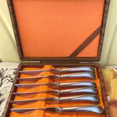 Sale~Great  MCM 1970s  7” sharp knives ~ Set of 6 Old Westbury Stainless by OXFORD HALL Fruit or Cheese Knife Set lot in lined box case 