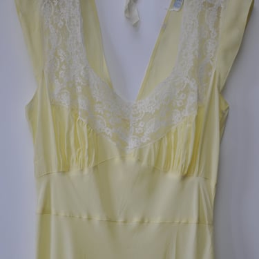 1930s yellow rayon slip dress nightgown with lace XS-M 