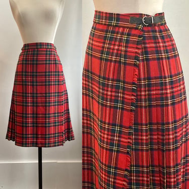 Vintage 50's 60's PLAID Wool Kilt Skirt / Wrap Style / Leather Side Buckles + Fringe / Gor-Ray Made in England 