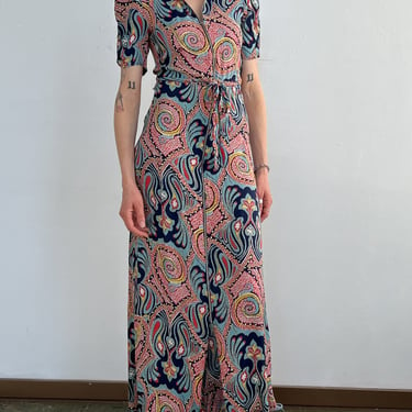 1940s Rayon Navy Print Gown (S)