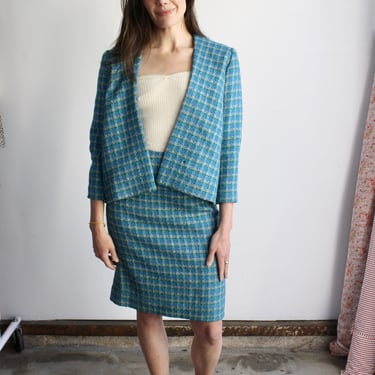 Turquoise Tweed Skirt Suit