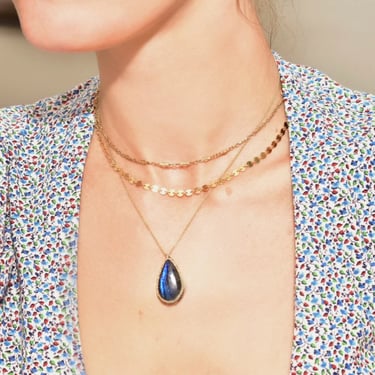 Gorgeous Wire-Wrapped Labradorite Teardrop Pendant Necklace, Thin Gold Sterling Silver Cable Chain, Vintage Gemstone Jewelry, 17" L 