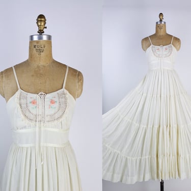 70s Creamy Bohemian Gunne Sax Maxi Dress / Full skirt / Boho Wedding Dress / Prairie Gunne Sax /Size XXS/XS 