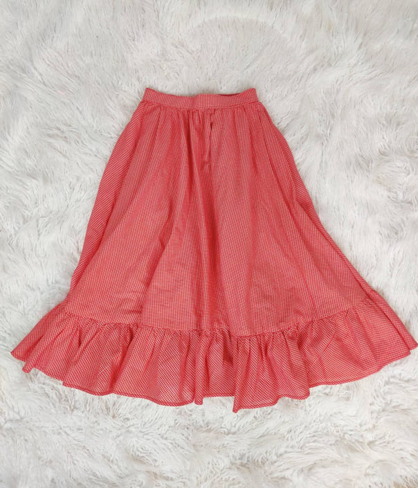 Vintage 70s Red Gingham Ruffled Skirt // High Waisted A Line Circle Skirt 