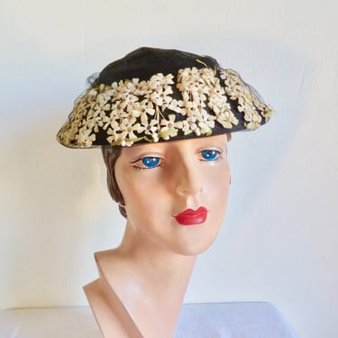 1950's Black Woven Straw Hat with Small White Flowers Trim 50's Spring Summer Millinery Rockabilly Retro Veeda Louisa 