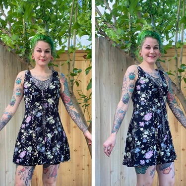 Vintage 1990’s Dark Floral Mini Dress with Mixed Floral Print 