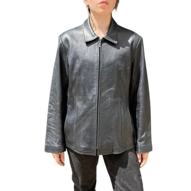 Vintage 90s Womens Gallery Black Soft Leather Full Zip Bomber Biker Jacket XL 