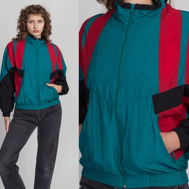 Vintage Teal Color Block Windbreaker - Large | 90s Women's Colorful Striped Zip Up Track Jacket 