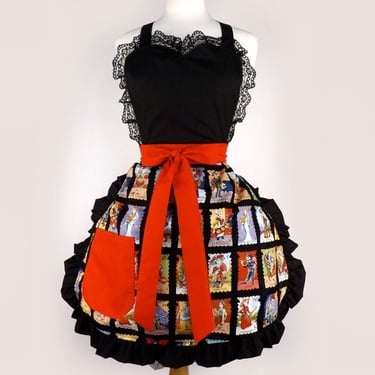 Loteria Lace Apron - Day of the Dead Rockabilly Folklorico Apron 