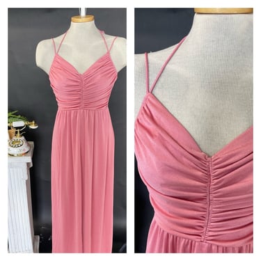 1960s 70s  1970s Vintage Dress Pink Vneck Halter Maxi Rushed Bridesmaid Occasion Split Hem 