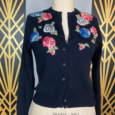 1950s cardigan, appliqué sweater, vintage cardigan, Black acrylic, small medium, rockabilly style, floral cardigan, 34 36 bust, 1950 sweater 