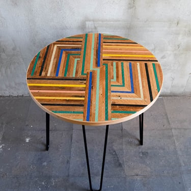 Round Reclaimed Lath Side Table with Black Hairpin Legs 