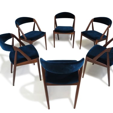 Six (6) Restored Kai Kristiansen Danish Dining Chairs in Teal Velvet