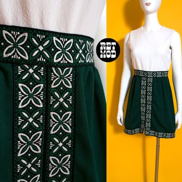 Vintage 60s 70s Dark Green Nordic-Style Trim Boho Hippie Mini Dress 