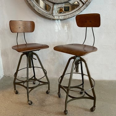 Pair Of Industrial Adjustable Drafting Stools By Toledo Metal Furniture Co.