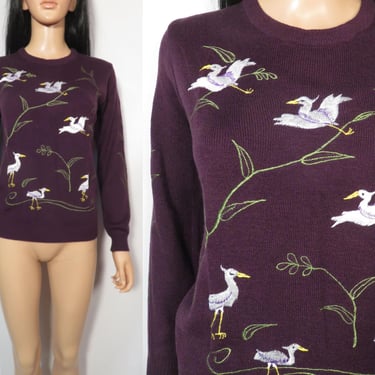 Vintage 70s Eggplant Purple Embroidered Crane Bird Stork Sweater Size S 