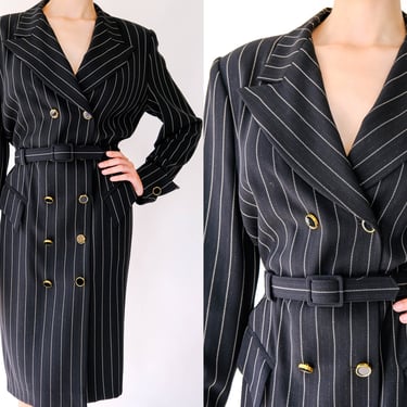 Vintage 90s Escada Black & White Sparkle Pinstripe Double Breasted Blazer Dress w/ Logo Buttons | Made in Germany | 1990s Designer Dress 